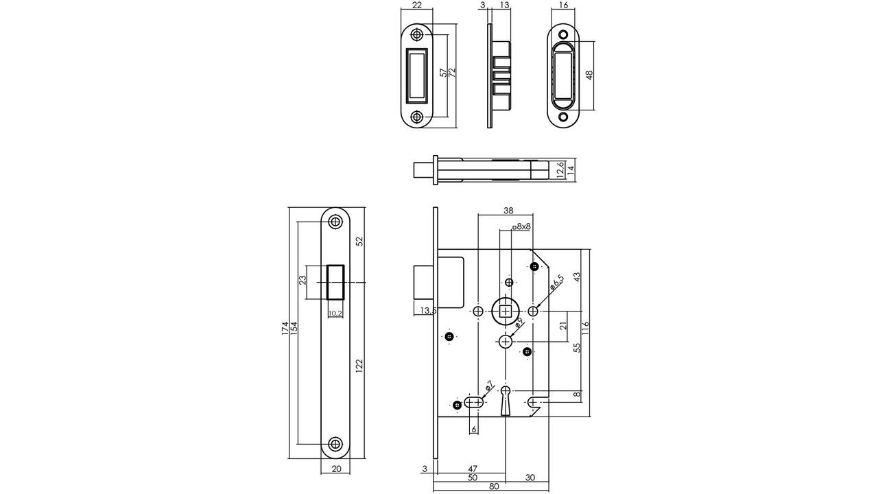 Woningbouw magneet klavier dag- en nachtslot 55mm, voorplaat afgerond rvs, 20x174, doorn 50mm incl. sluitplaat/kom en 2 sleutels