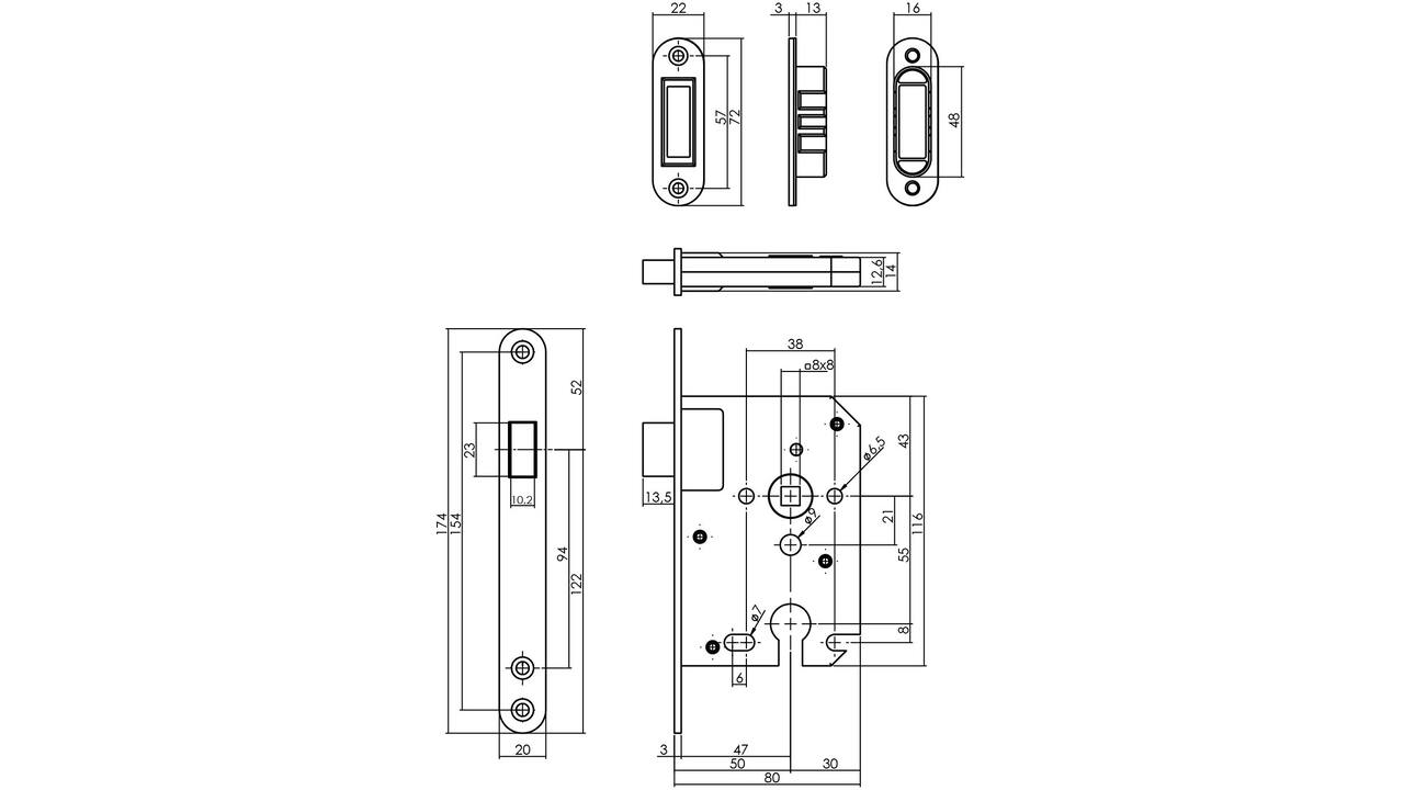 Woningbouw magneet cilinder dag- en nachtslot 55mm, voorplaat afgerond rvs, 20x174, doorn 50mm incl. sluitplaat/kom