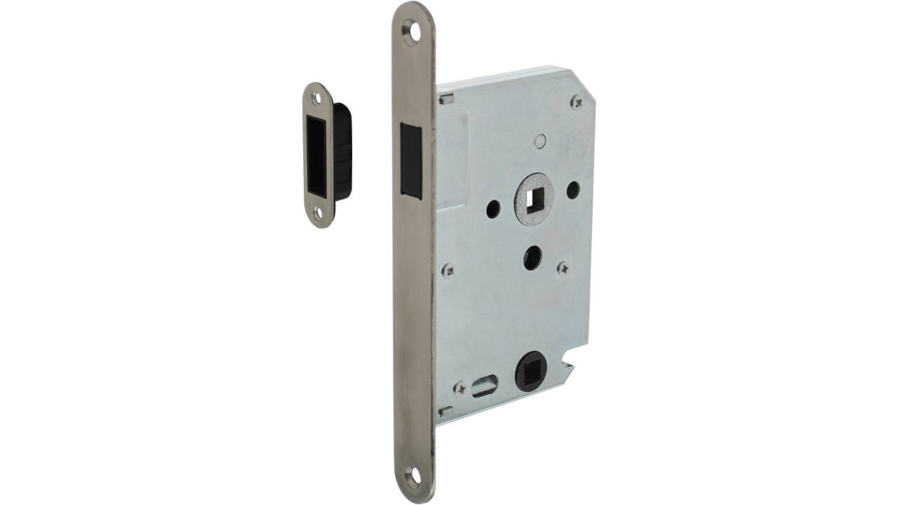 Woningbouw magneet badkamer/toilet slot 63/8mm, voorplaat afgerond rvs, 20x174, doorn 50mm incl. sluitplaat/kom