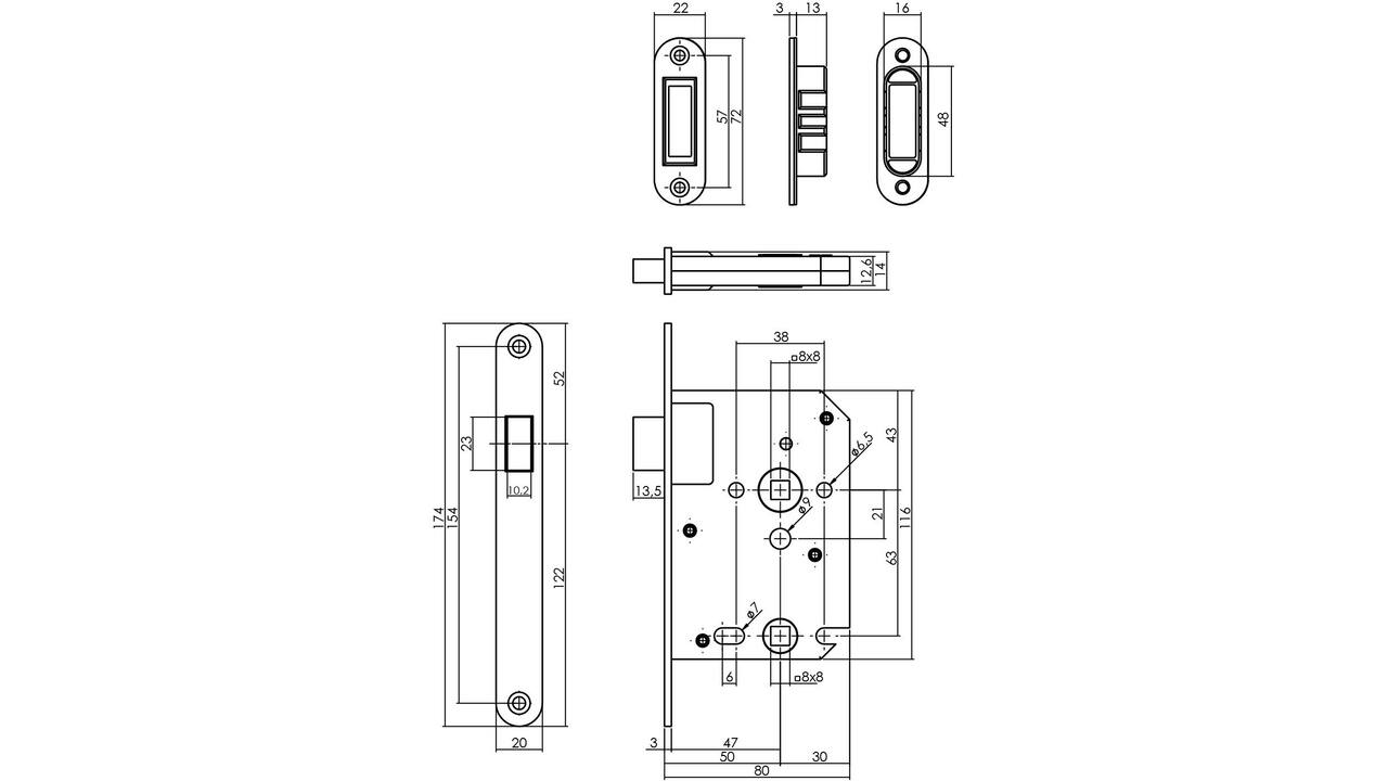 Woningbouw magneet badkamer/toilet slot 63/8mm, voorplaat afgerond rvs, 20x174, doorn 50mm incl. sluitplaat/kom
