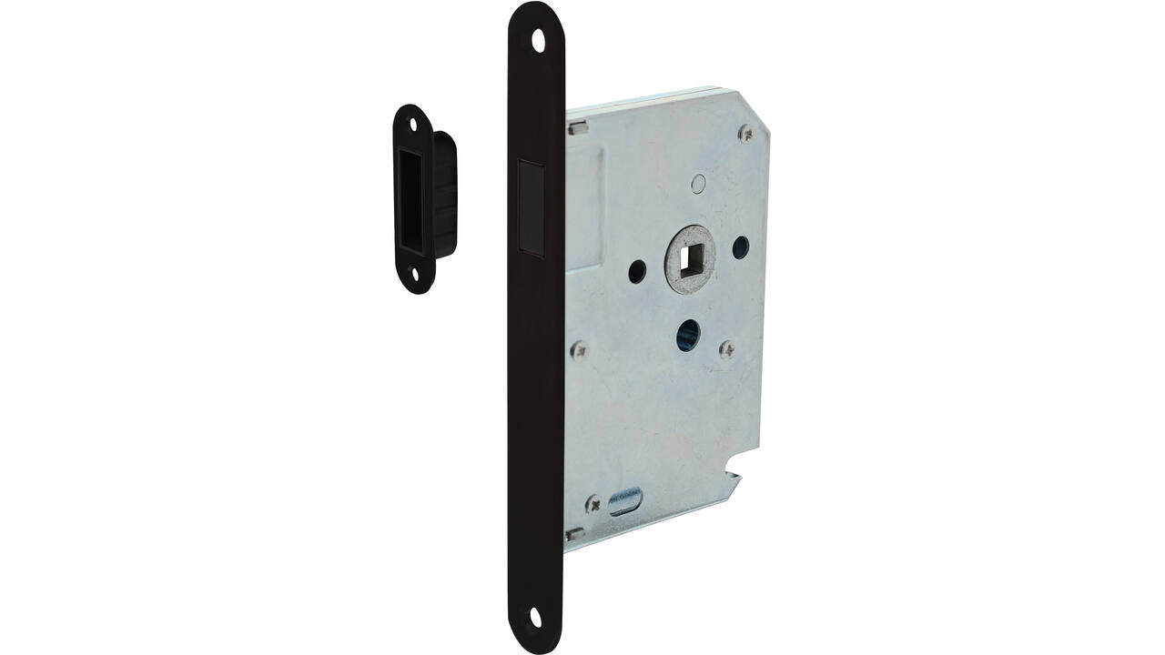 Woningbouw magneet loopslot, voorplaat afgerond zwart, 20x174, doorn 50mm incl. sluitplaat/kom