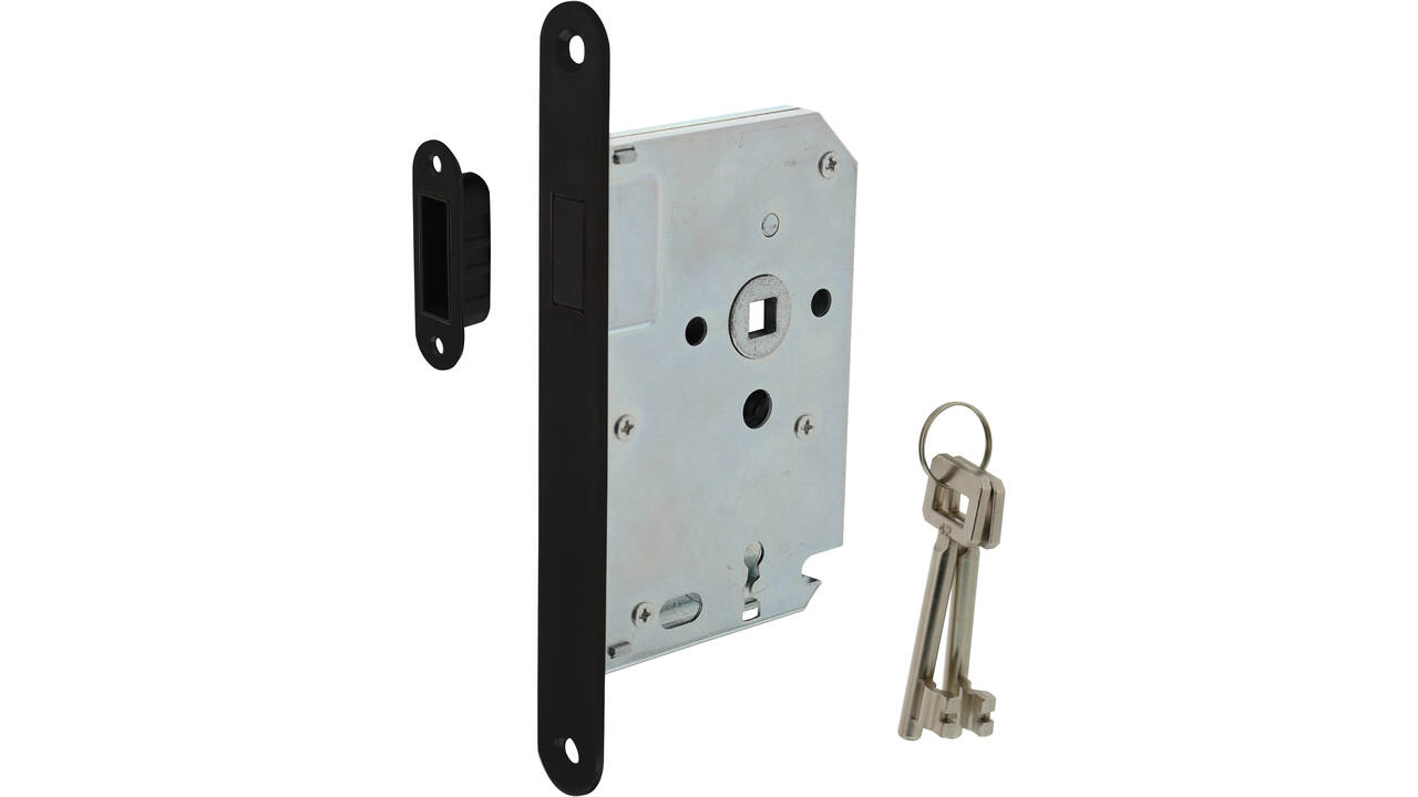Woningbouw magneet klavier dag- en nachtslot 55mm, voorplaat afgerond zwart, 20x174, doorn 50mm incl. sluitplaat/kom en 2 sleutels
