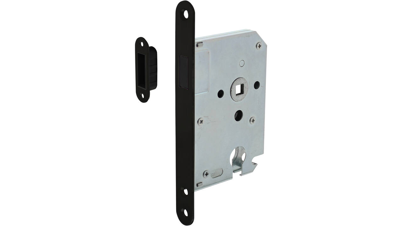 Woningbouw magneet cilinder dag- en nachtslot 55mm, voorplaat afgerond zwart, 20x174, doorn 50mm incl. sluitplaat/kom