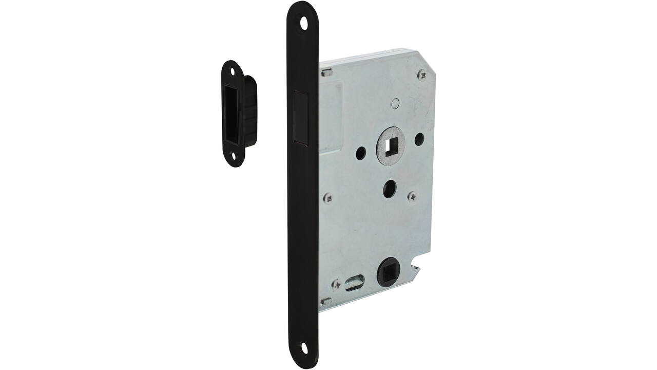 Woningbouw magneet badkamer/toilet slot 63/8mm, voorplaat afgerond zwart, 20x174, doorn 50mm incl. sluitplaat/kom