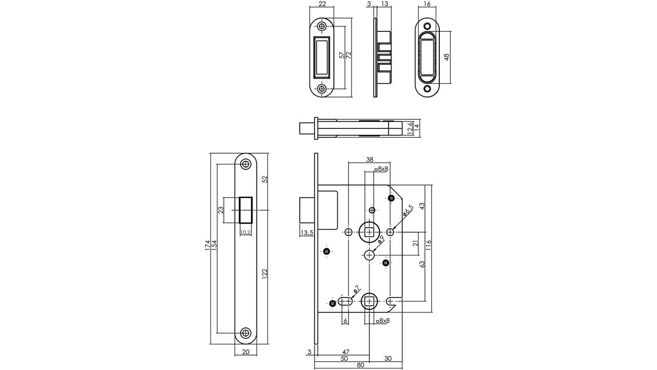 Woningbouw magneet badkamer/toilet slot 63/8mm, voorplaat afgerond zwart, 20x174, doorn 50mm incl. sluitplaat/kom