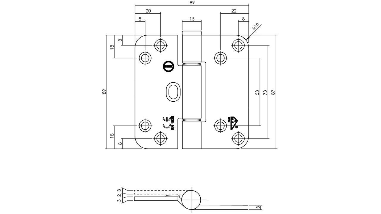 Glijlagerscharnier afgerond 3,5" (89x89x3mm) doorgezette knoop CE staal verzinkt