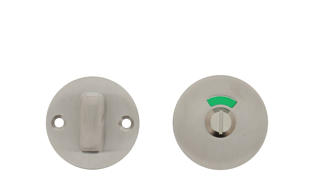 RVS geborsteld toiletgarnituur Ø53x2mm met rood/groen aanduiding compleet met draaiknop, vierkant stift 8mm en bevestigingsschroeven voor deurdikte 40mm h.o.h 38mm.