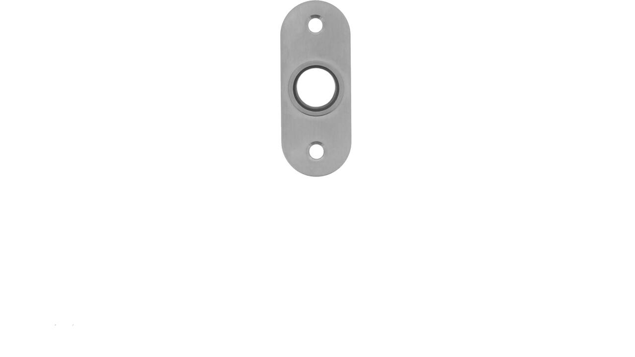 RVS geborsteld krukrozet met easyfix lager 16mm ovaal 70x28x2mm opschroevend met bevestigingsgaten M4 h.o.h. 50mm. EN1906 Klasse 4 goedgekeurd voor rook en brandwerende deuren volgens Din18273