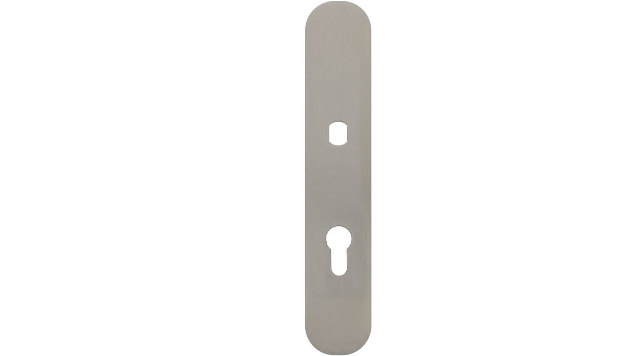 RVS flush afgerond langschild PC78 met Q-gat voor vaste knop en 3 draadbussen M4 240x45x2mm