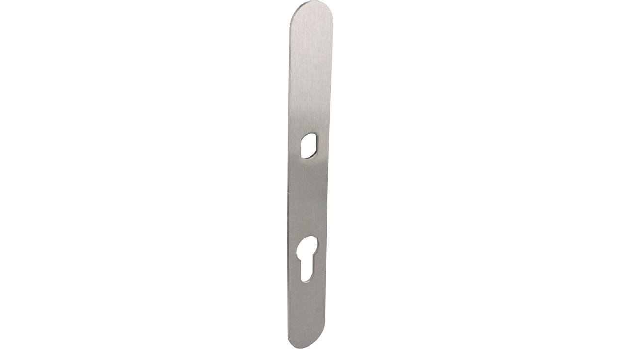 RVS flush afgerond smalschild PC72 met Q-gat voor vaste knop en 3 draadbussen M4 240x30x2mm