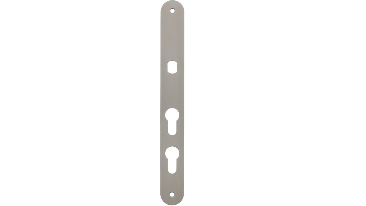 Smalschild RVS afgerond  m.Q gat PC60/PC108 255x32x2mm voor vaste knop met 2 bevestigingsgaten 4mm