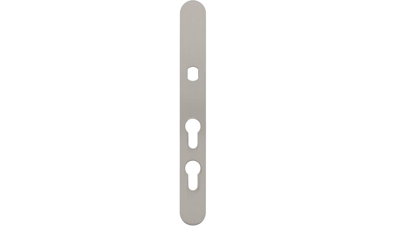Smalschild RVS afgerond m.Q gat PC60/PC108 255x32x2mm voor vaste knop met 2 draadbussen M4