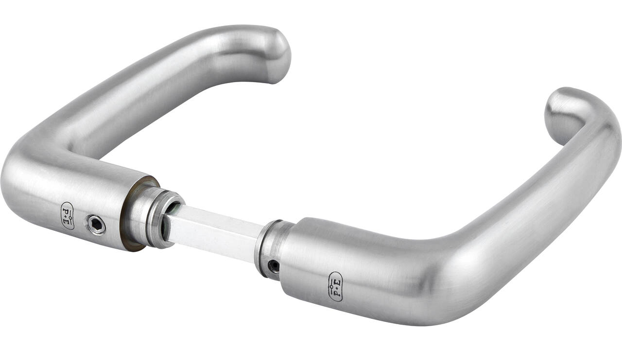 Deurkrukken sabelmodel massief roestvast staal 126x49mm, Ø 22mm, met krukstift 9x74mm geschikt voor deur- en beslagdikte van 39-59mm.