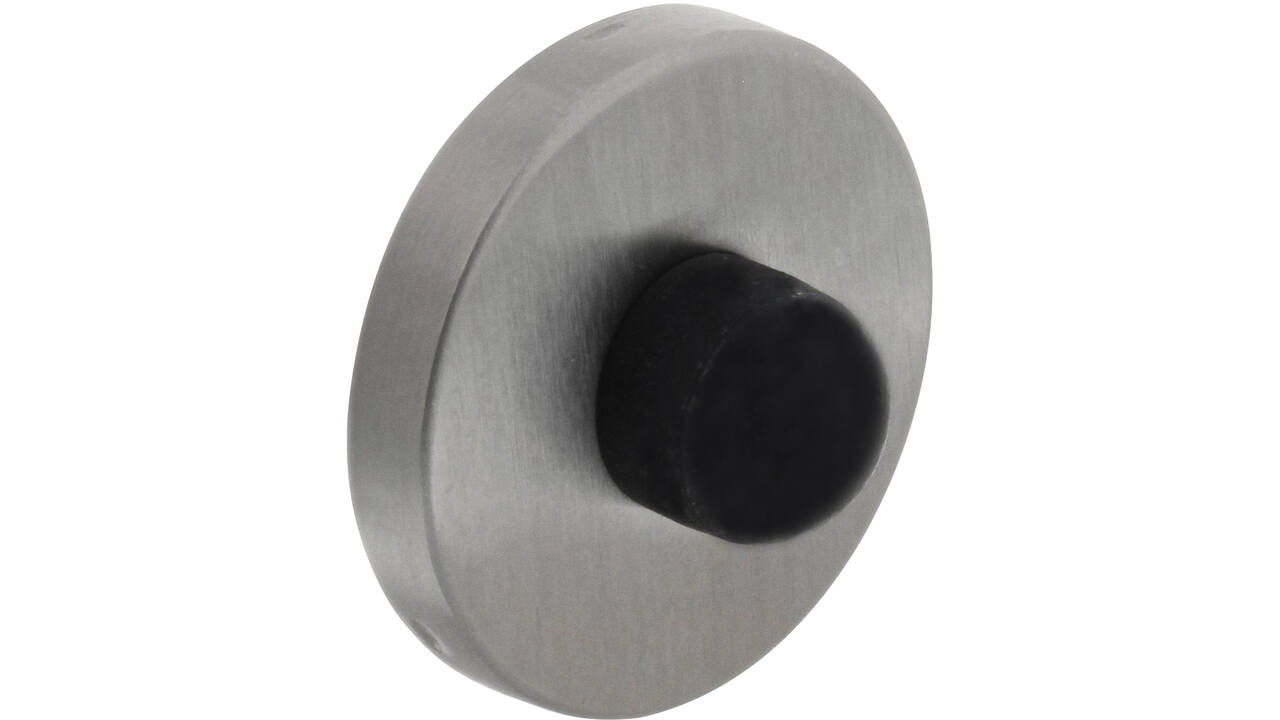 Deurbuffer wandbevestiging RVS rond 53x8mm click rozet met zwart rubber dop 20mm ter bescherming van de deurkruk. Montage op deurkrukhoogte.