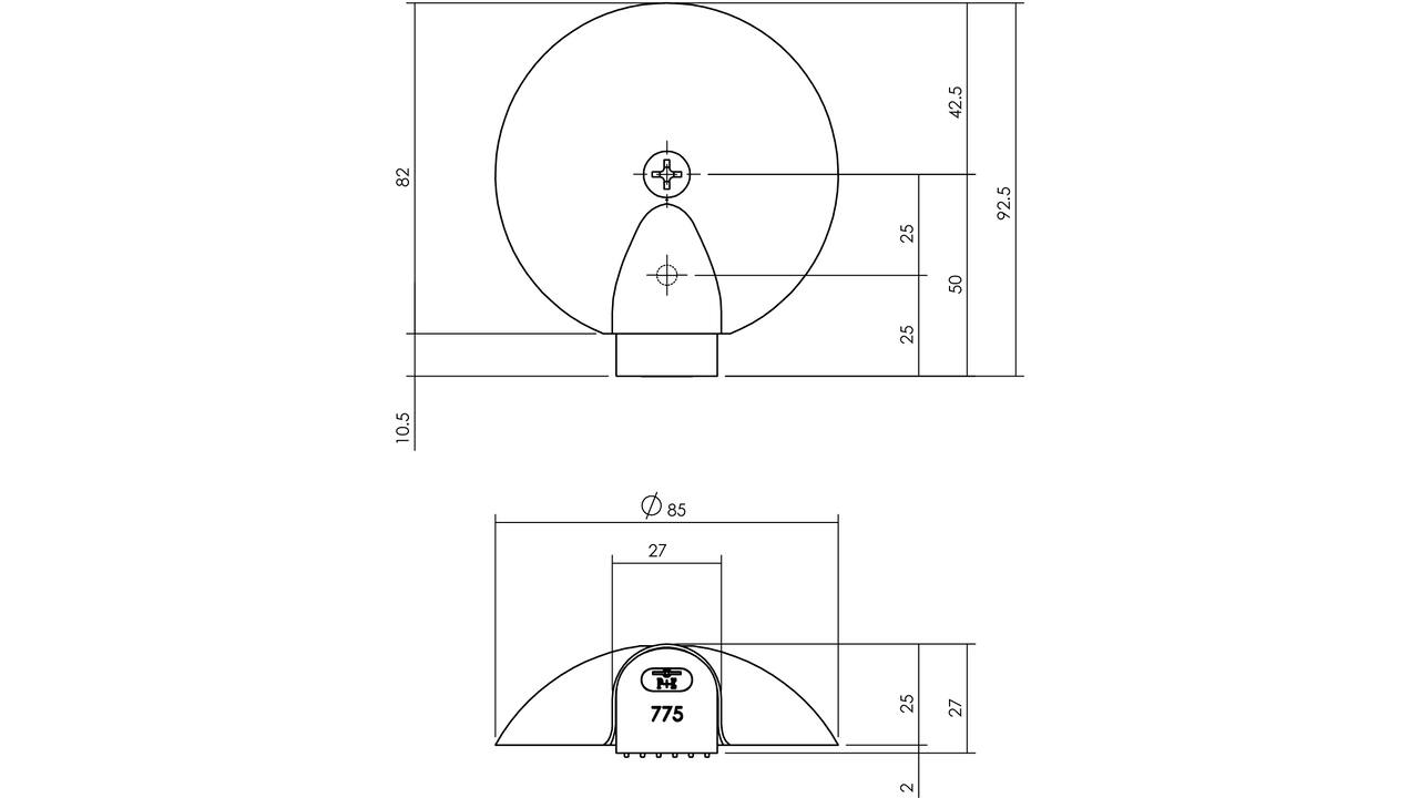vloer deurbuffer RVS schildpadmodel rond 85mm - hoog 25mm u kunt deze verhogen met de KN-0776-000-900 rubber verhogingschijf 84x12mm ( apart bestellen)
