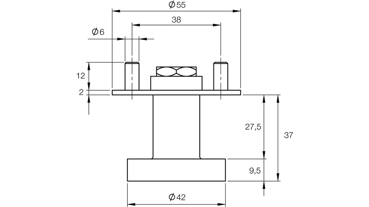 Vaste knop Ø50x10  op ronde rozet Ø55x2mm met draadbussen en inclusief wisselstift 8mm