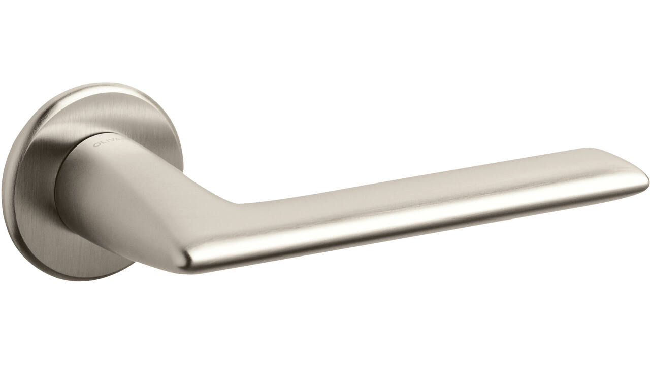 Olivari deurkruk Tecno + ronde geveerde rozet 51x5mm met nokken en doorgaande bevestiging Nikkel mat titaan PVD