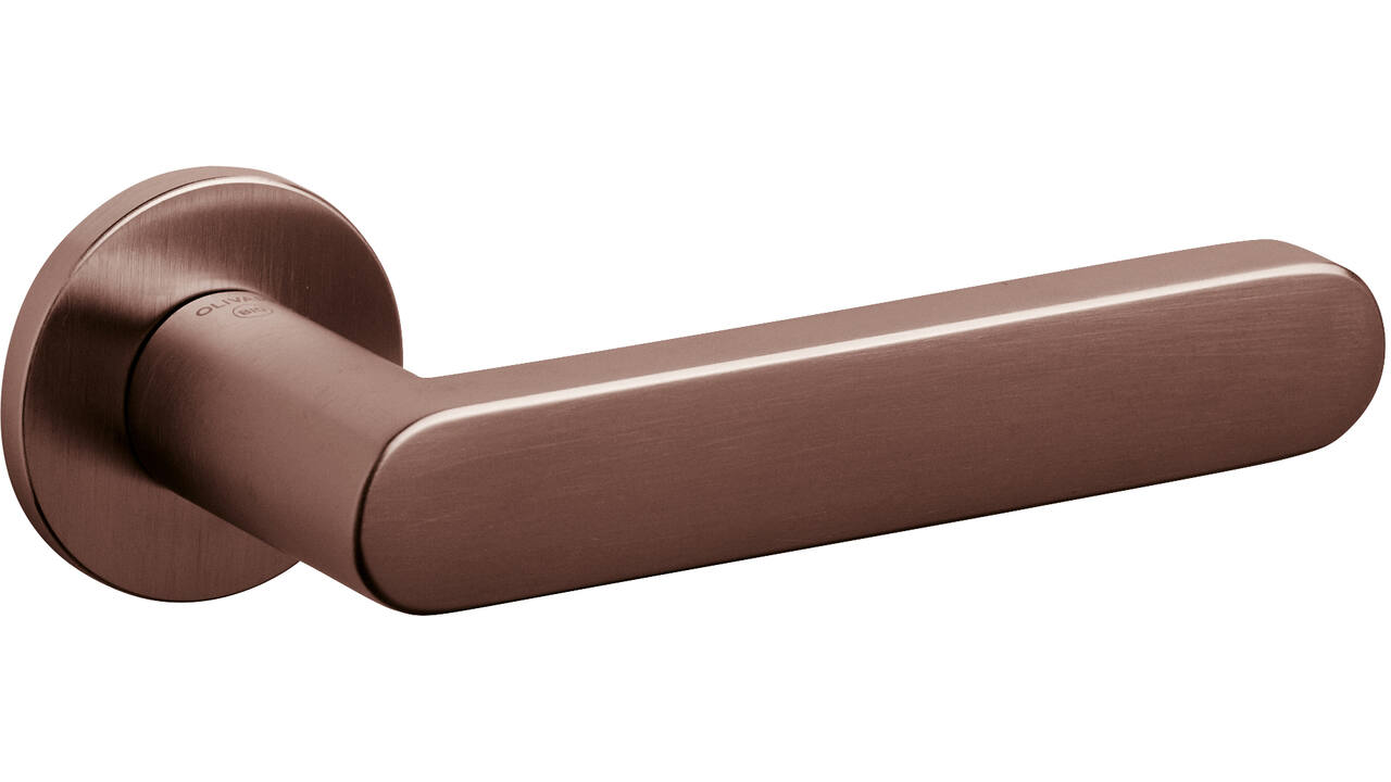 Olivari deurkruk Link + ronde geveerde rozet 51x5mm met nokken en doorgaande bevestiging Brons mat titaan PVD