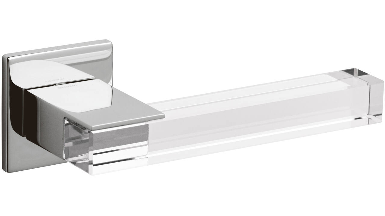 Olivari deurkruk Ice Cube + vierkant geveerde rozet 51x5mm met nokken en doorgaande bevestiging Chroom/transparant