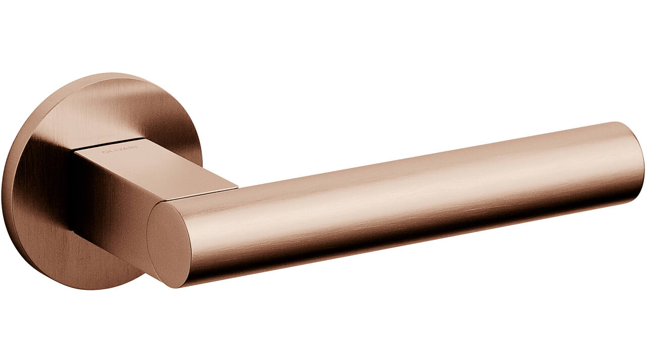 Olivari deurkruk Euclide + ronde geveerde rozet 51x5mm met nokken en doorgaande bevestiging Koper mat titaan PVD