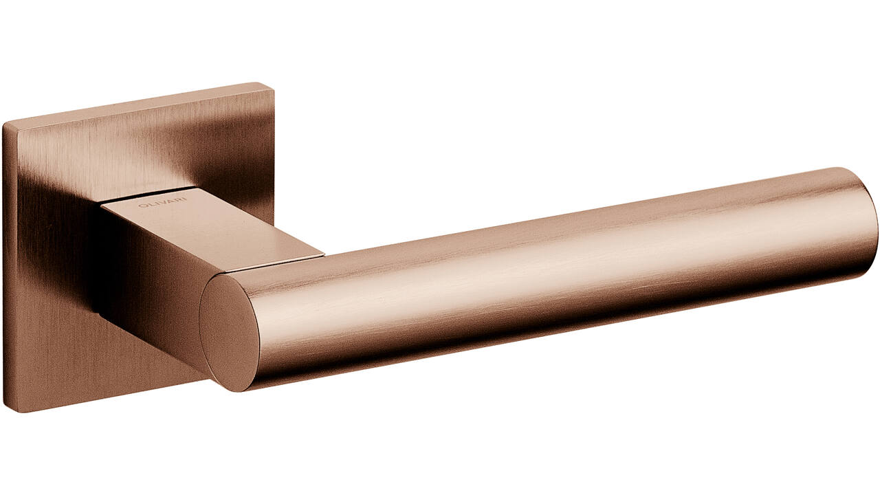 Olivari deurkruk Euclide Q + vierkant geveerde rozet 51x5mm met nokken en doorgaande bevestiging Koper mat titaan PVD