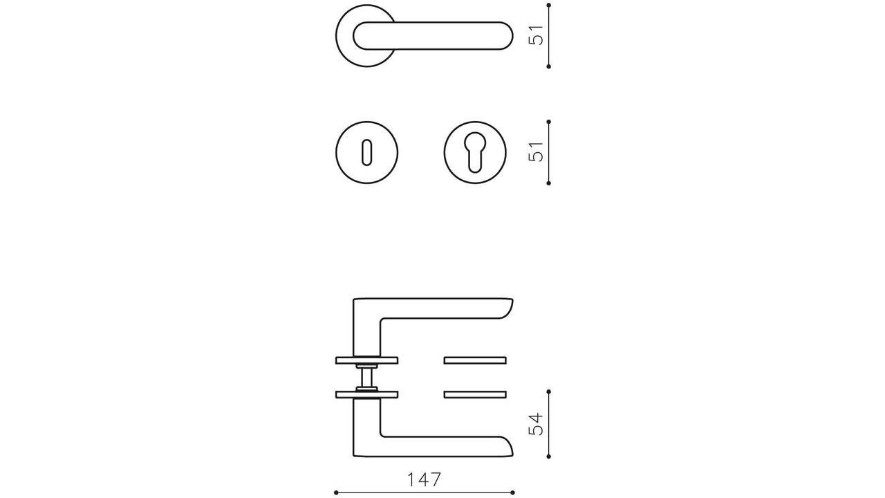 Olivari deurkruk Icona + ronde geveerde rozet 51x5mm met nokken en doorgaande bevestiging RVS mat titaan PVD