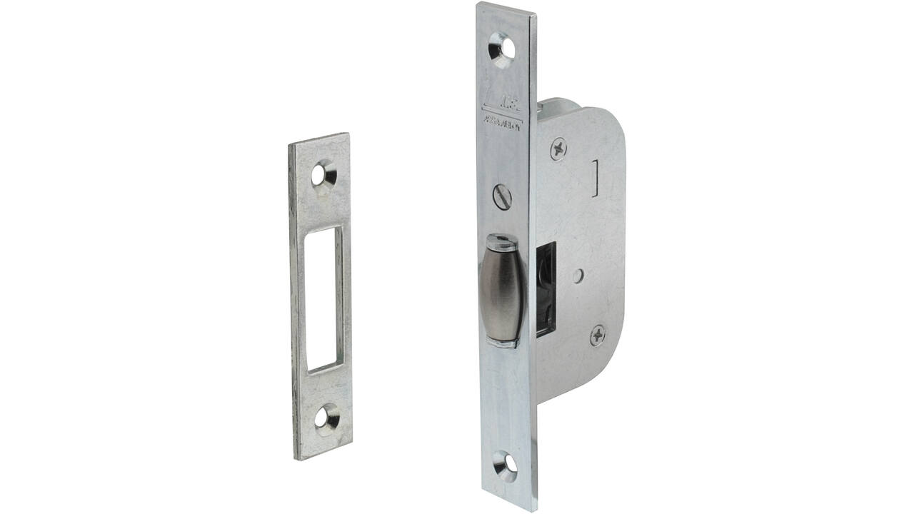 Smal tonrolslot met messing rolschoot verstelbaar, voorplaat verzinkt rechthoekig afmeting: 140x22mm, inclusief sluitplaat afmeting: 86x20mm