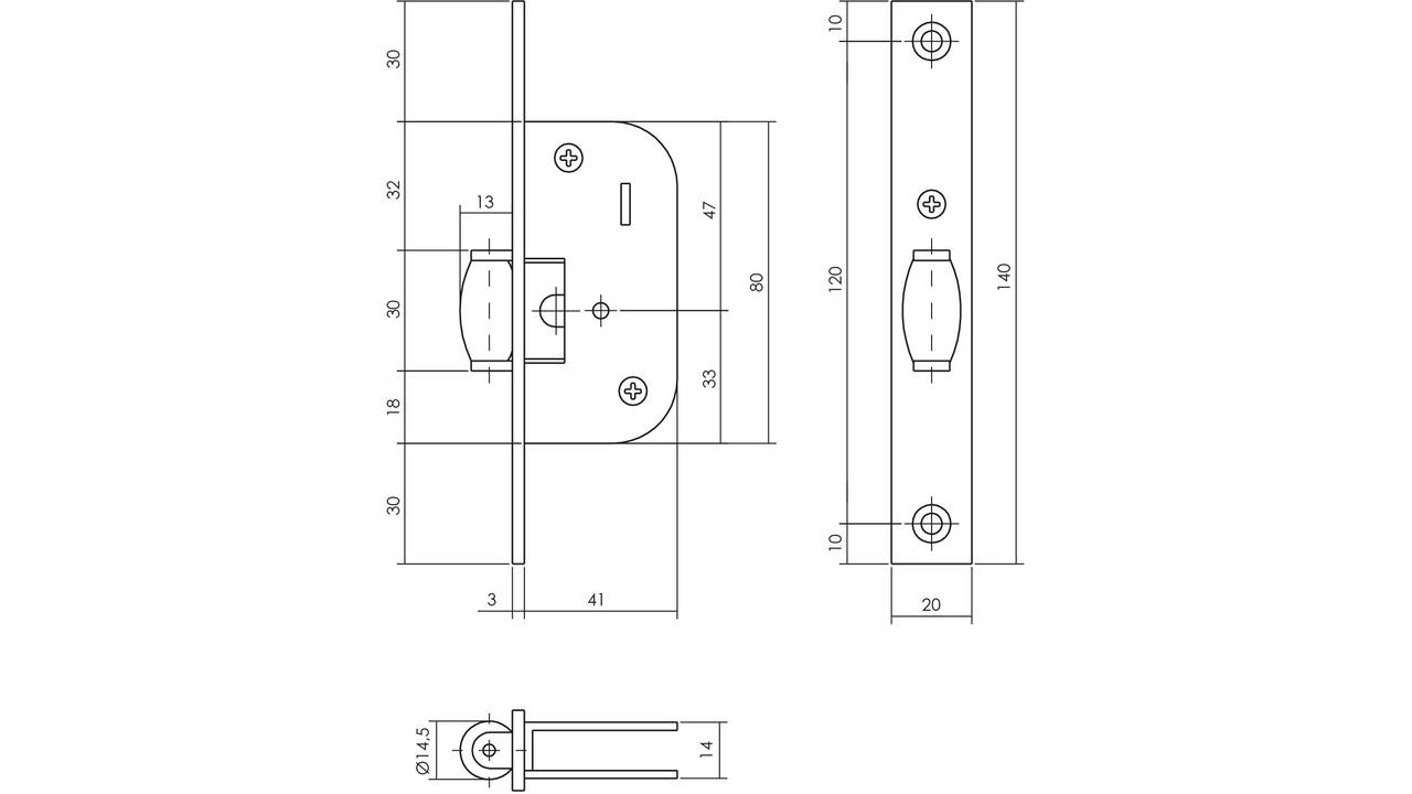 Smal tonrolslot met messing rolschoot verstelbaar, voorplaat verzinkt rechthoekig afmeting: 140x22mm, inclusief sluitplaat afmeting: 86x20mm