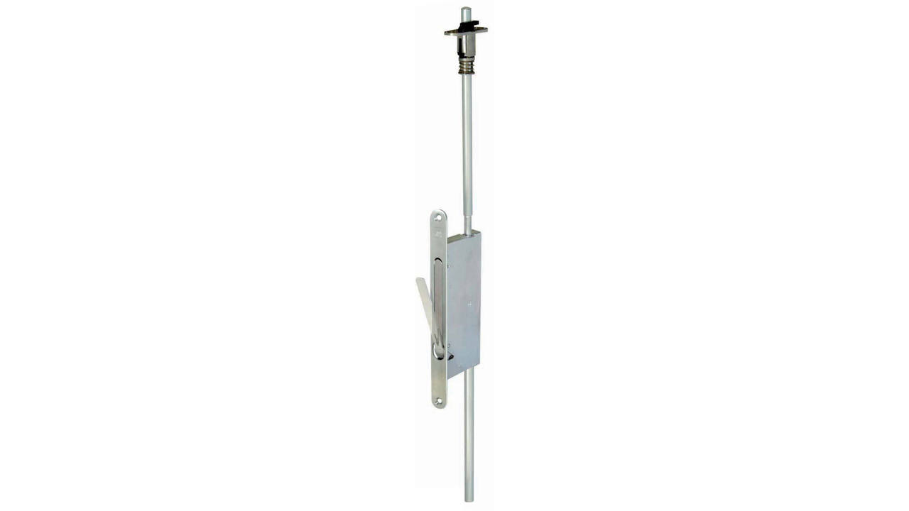 Espagnolet inbouw met RVS voorplaat 230x24mm zelfvergrendelend doornmaat 30mm compleet met stangen, geleider en bovensluiting. Let op: Boven sluitplaat en de ondersluitkom apart bestellen