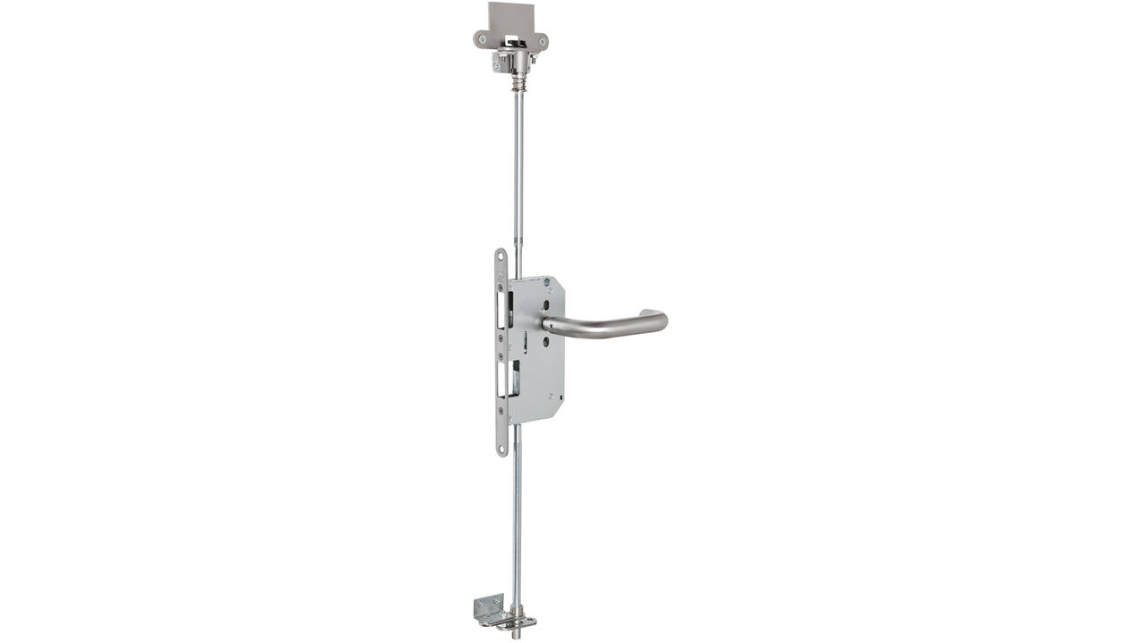 Zelfvergrendelende tegenkastespagnolet doornmaat 65mm voor dubbele paniekdeuren voorzien van 9mm tuimelaar vpl.25x235x3mm wordt compleet met onder en boven stang, geleider en zelfvergrendelende bovensluiting geleverd. Certificering EN 179-1125 en EN 1634-1 tot 3