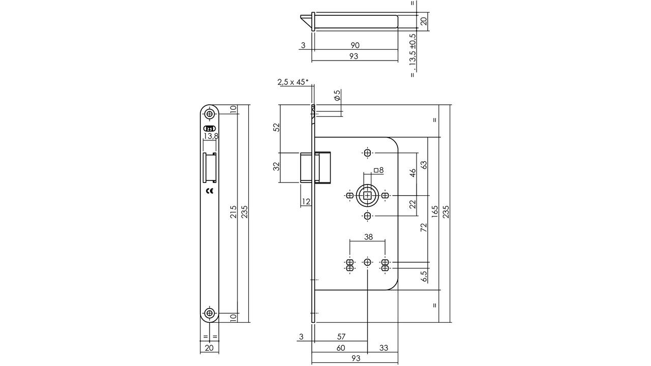Loopslot doornmaat 60mm met krukgat 8mm voorzien van afgeronde rvs voorplaat 20 x 235 mm en delrin glijschoot voor een din linkse deur