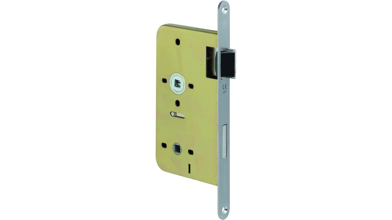 V+B slot WC72x8 doornmaat 60mm met krukgat 8mm voorzien van afgeronde rvs voorplaat 20 x 235 mm en delrin glijschoot voor een din rechtse deur
