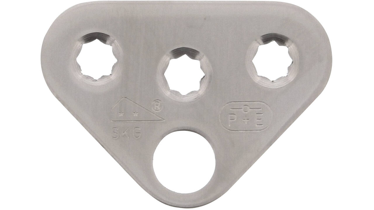 Driehoek sluitplaat vlak RVS tbv espagnolet inclusief P+E en SKG** logo afmeting 60,5x43x3mm met gat van 13mm