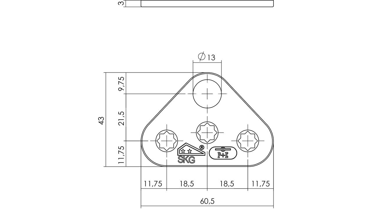 Driehoek sluitplaat vlak RVS tbv espagnolet inclusief P+E en SKG** logo afmeting 60,5x43x3mm met gat van 13mm