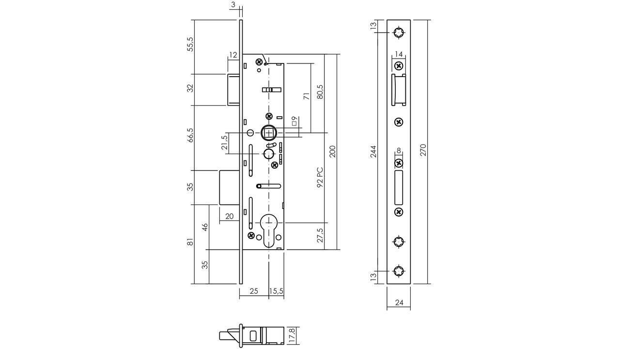 D+N smal veiligheidsslot doornmaat 25mm PC92 met 9mm krukgat toepasbaar voor din LS en RS deuren