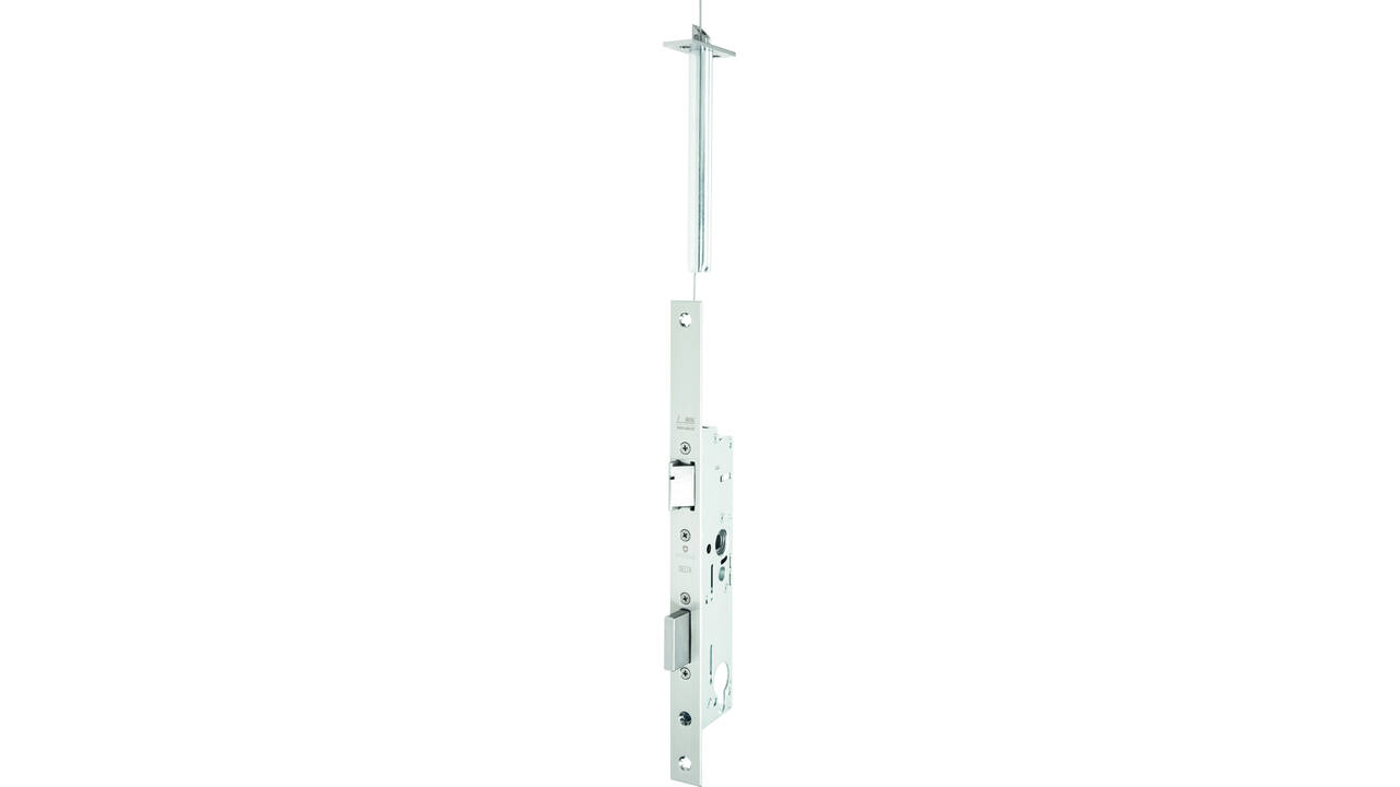Zelfvergrendelend smal anti-paniek functie E+ veiligheidslot DM35mm PC92 DIN LS met extra bovensluiting. Goedkeuring volgens EN 1634-1 tot 3, SN EN 179 en EN 1125. Inbraakwerend tot klasse RC2 realiseerbaar in geschikte deursystemen.