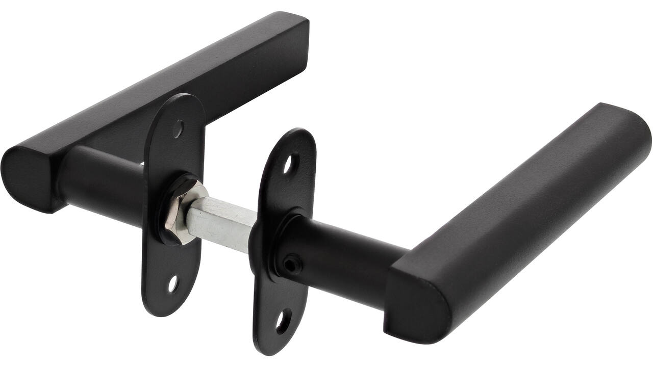 Wisselgarnituur vaste T-knop en draaibare deurkruk "DD" T-shape, L=145x55, ø20mm inclusief 9mm wisselstift voor deurdikte 50mm mat ZWART op ovaal rozet 70x28x2mm met 2 schroefgaten voor M4 en met 4 zwarte inbusboutjes M4x12mm