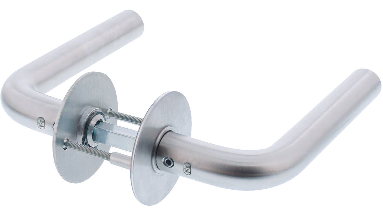 Deurkruk L-model Ø18mm met 8mm stift, vastdraaibaar op rozet Ø55mm
