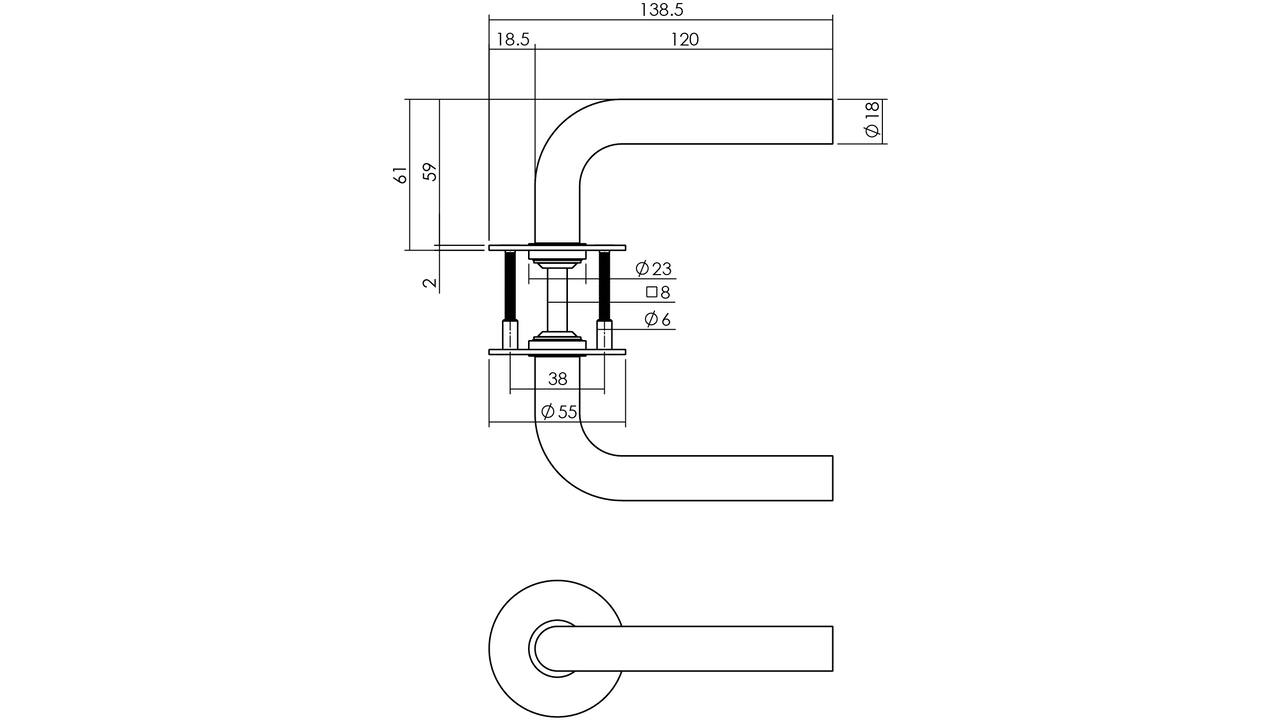 Deurkruk L-model Ø18mm met 8mm stift, vastdraaibaar op rozet Ø55mm