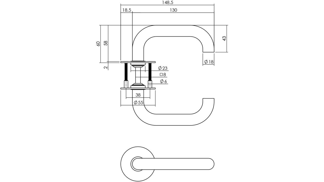 Deurkruk D-model Ø18mm met 8mm stift, vastdraaibaar op rozet Ø55mm