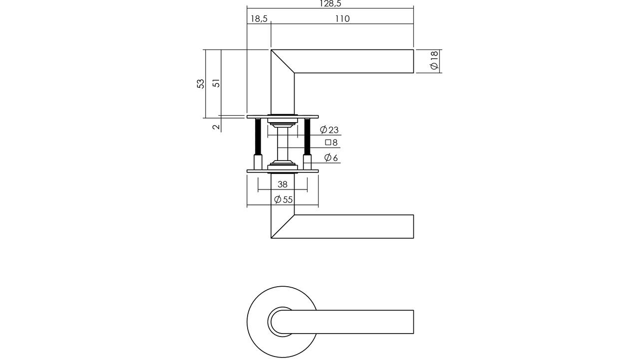 Deurkruk Haaks-model 90° Ø18mm met 8mm stift, vastdraaibaar op rozet Ø55mm