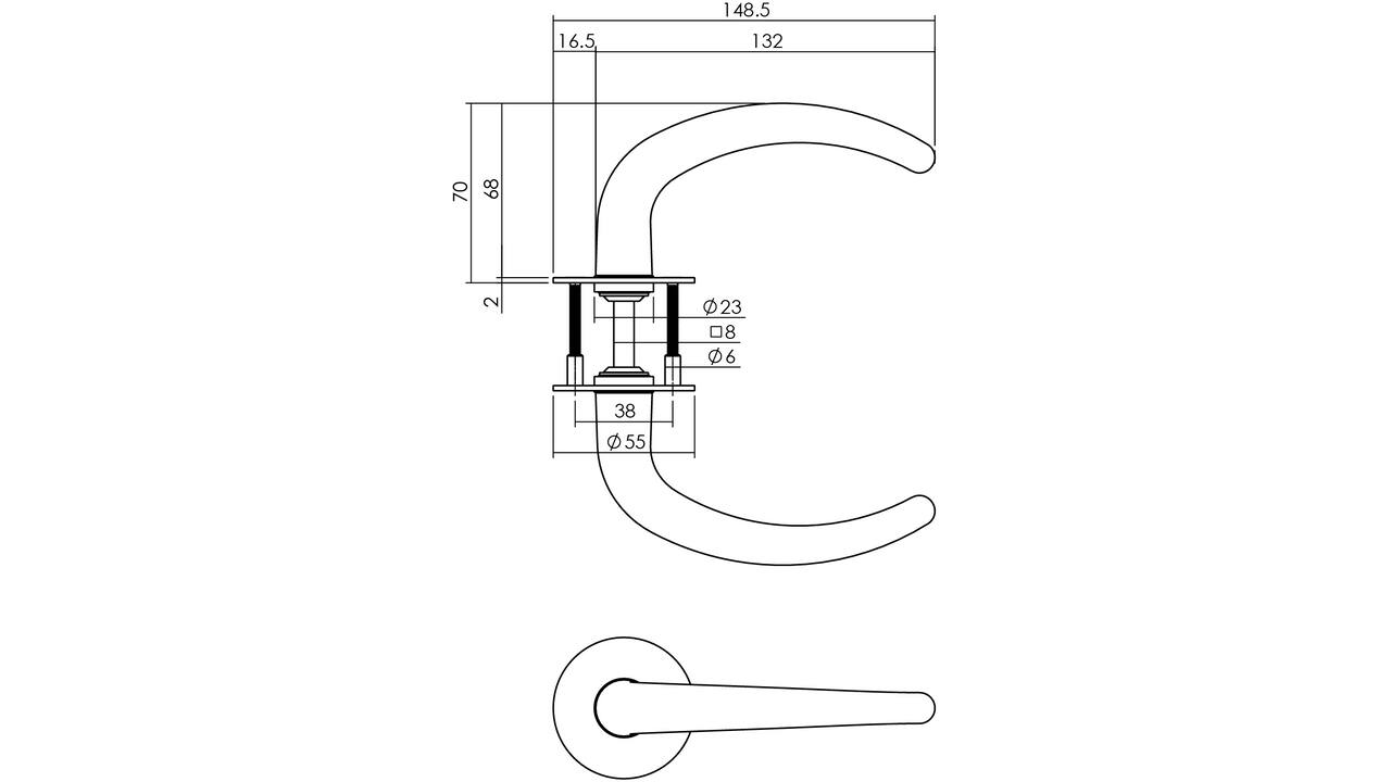 Deurkruk Sabel model met 8mm stift, vastdraaibaar op rozet Ø55mm