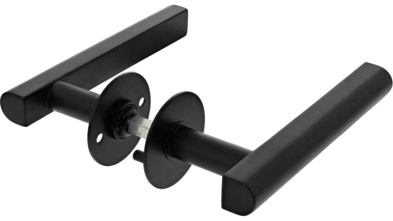 Houten deur krukgarnituur DD3- T model L=160mm, ø20mm vastdraaibaar op rozet 55mm, met 8mm stift mat ZWART voor deurdikte 40mm bevestiging  h.o.h.38mm met 2 inbusbouten zwart verzonken kop m4x35mm