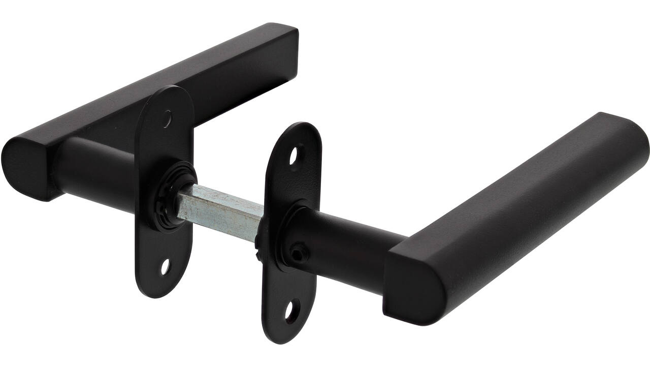 Project deurkruk"DD" T-shape, L=145x55, ø20mm met 9mm stift voor deurdikte 50mm mat ZWART op ovaal rozet 70x28x2mm met 2 schroefgaten voor M4 en met 4 zwarte inbusboutjes M4x12mm