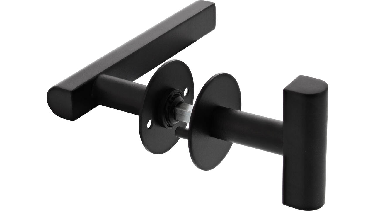 Houten deur wissel garnituur vaste T-Knop op rond rozet Ø55x2mm met draadbussen inclusief wisselstift 8mm en  "Diederick Dam" 3- T model kruk GATDEEL  8mm L=160mm, ø20mm vastdraaibaar op rozet 55mm bevestiging  schroefgaten h.o.h.38mm,  mat ZWART voor deurdikte 54mm met 2 inbusbouten zwart verzonken kop m4x50mm