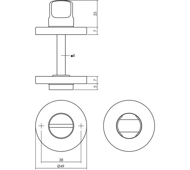 WC-sluiting verdekt ø49x7mm met stift 8x8mm messing ongelakt