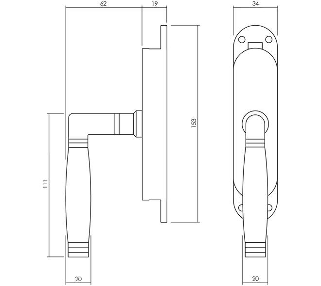 Set kruk-espagnolet links Ton 222 inclusief stangenset 2x 1250mm messing ongelakt /ebbenhout