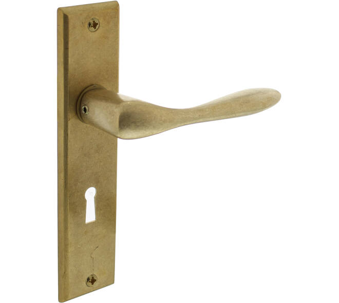 Deurkruk Banaan met schild rechthoekig 181x41mm sleutelgat 56mm messing getrommeld