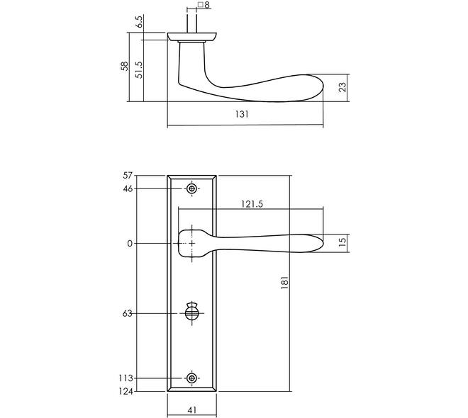 Deurkruk Banaan met schild rechthoekig 181x41mm wc 63/8mm messing getrommeld