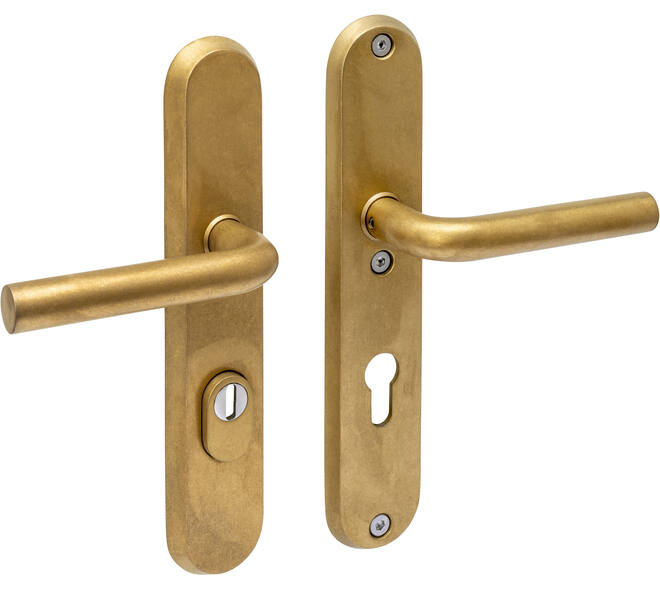 SKG3 veiligheidsbeslag ovaal 250x50mm kruk/kruk Luzern met veerconstructie profielcilindergat 72mm met kerntrekbeveiliging PVD messing getrommeld